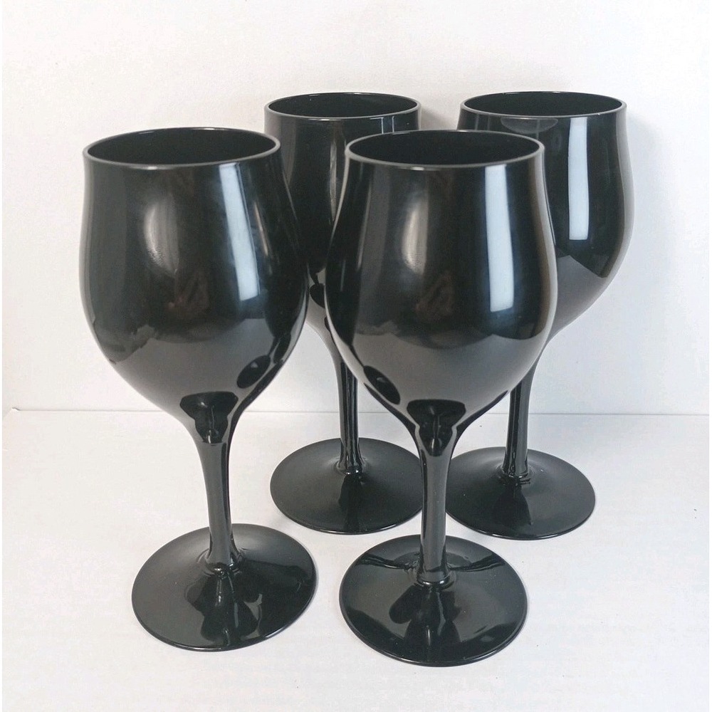 Set of 4 VTG Opaque Hand Blown Black Glass Tulip Wine Glasses 6.5"
